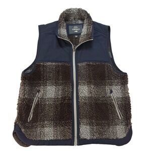 Toad & Co Mens Large Sherpa Fleece Lined Vest Navy Brown Plaid Full Zip Outdoors